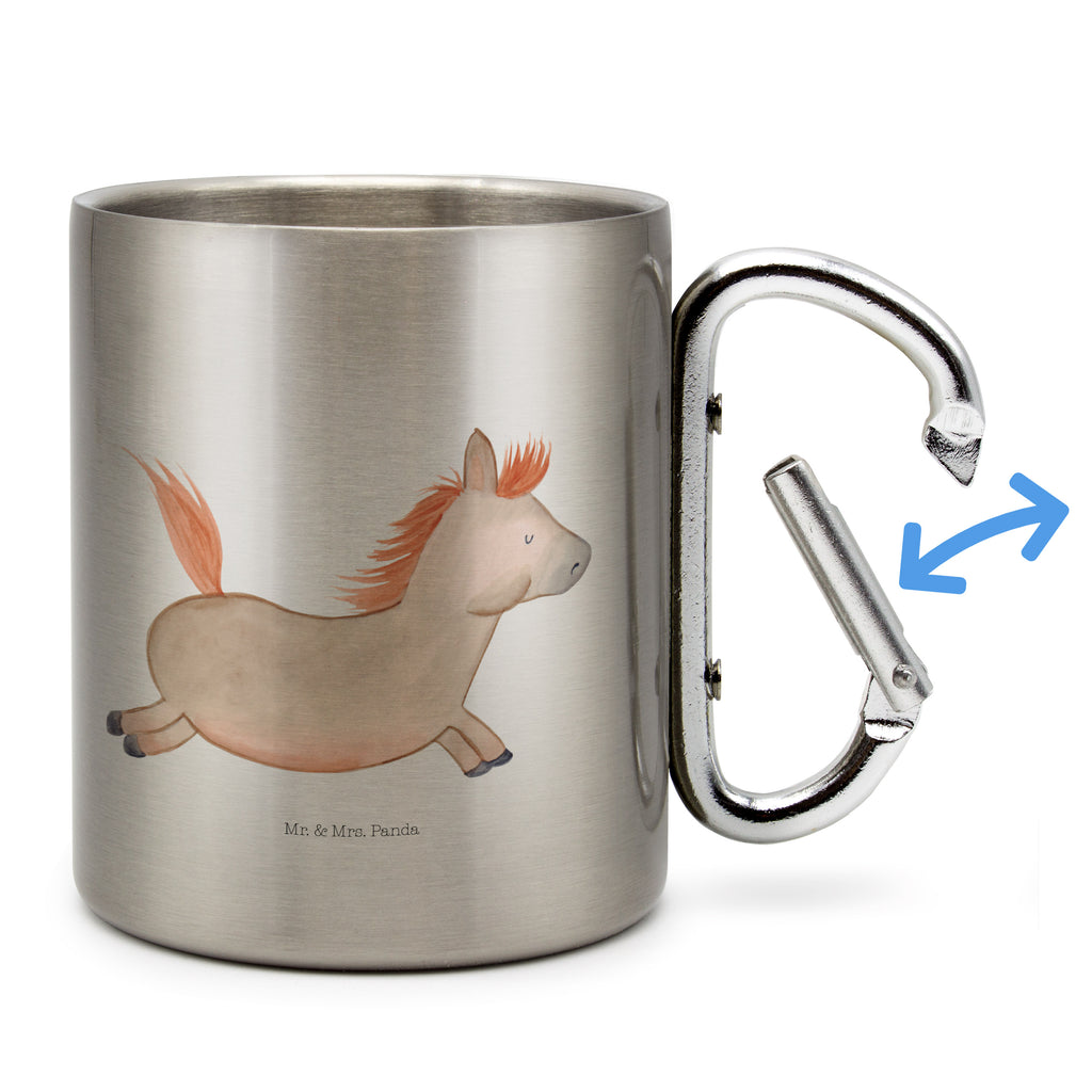 Edelstahlbecher Pferd springt Edelstahltasse, Karabiner, Edelstahlbecher, Outdoor, Camping, Tasse, Becher, Bauernhof, Hoftiere, Landwirt, Landwirtin, Pferd, Pony, Pferde, Stall, Pferdestall, ausreiten, reiten, Pferdebesitzer