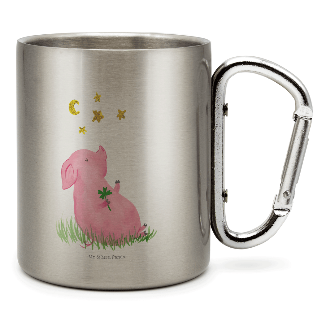 Edelstahlbecher Glücksschwein Edelstahltasse, Karabiner, Edelstahlbecher, Outdoor, Camping, Tasse, Becher, Tiermotive, Gute Laune, lustige Sprüche, Tiere, Glücksschwein. Glück, Schwein, Schweinchen, Sterne, Sernchen, Ziele, Träume, Motivation, Glücksbringer