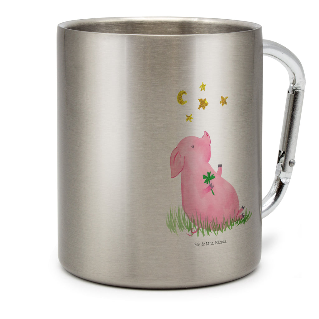 Edelstahlbecher Glücksschwein Edelstahltasse, Karabiner, Edelstahlbecher, Outdoor, Camping, Tasse, Becher, Tiermotive, Gute Laune, lustige Sprüche, Tiere, Glücksschwein. Glück, Schwein, Schweinchen, Sterne, Sernchen, Ziele, Träume, Motivation, Glücksbringer