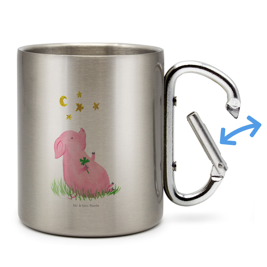 Edelstahlbecher Glücksschwein Edelstahltasse, Karabiner, Edelstahlbecher, Outdoor, Camping, Tasse, Becher, Tiermotive, Gute Laune, lustige Sprüche, Tiere, Glücksschwein. Glück, Schwein, Schweinchen, Sterne, Sernchen, Ziele, Träume, Motivation, Glücksbringer