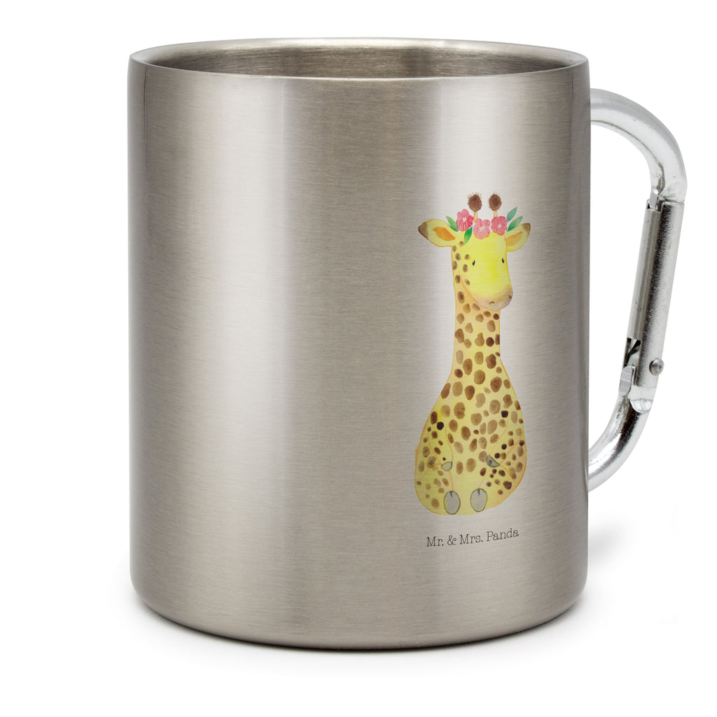 Edelstahlbecher Giraffe Blumenkranz Edelstahltasse, Karabiner, Edelstahlbecher, Outdoor, Camping, Tasse, Becher, Afrika, Wildtiere, Giraffe, Blumenkranz, Abenteurer, Selbstliebe, Freundin
