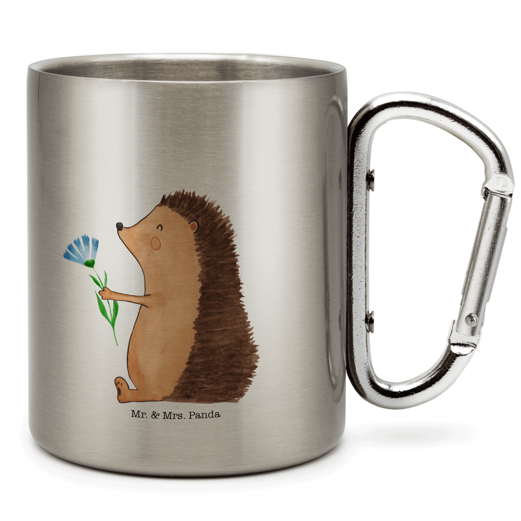 Edelstahlbecher Igel mit Blume Edelstahltasse, Karabiner, Edelstahlbecher, Outdoor, Camping, Tasse, Becher, Tiermotive, Gute Laune, lustige Sprüche, Tiere, Igel, Gute Besserung, Genesungswünsche, Krankheit, Krankenhaus, krank, Besuch