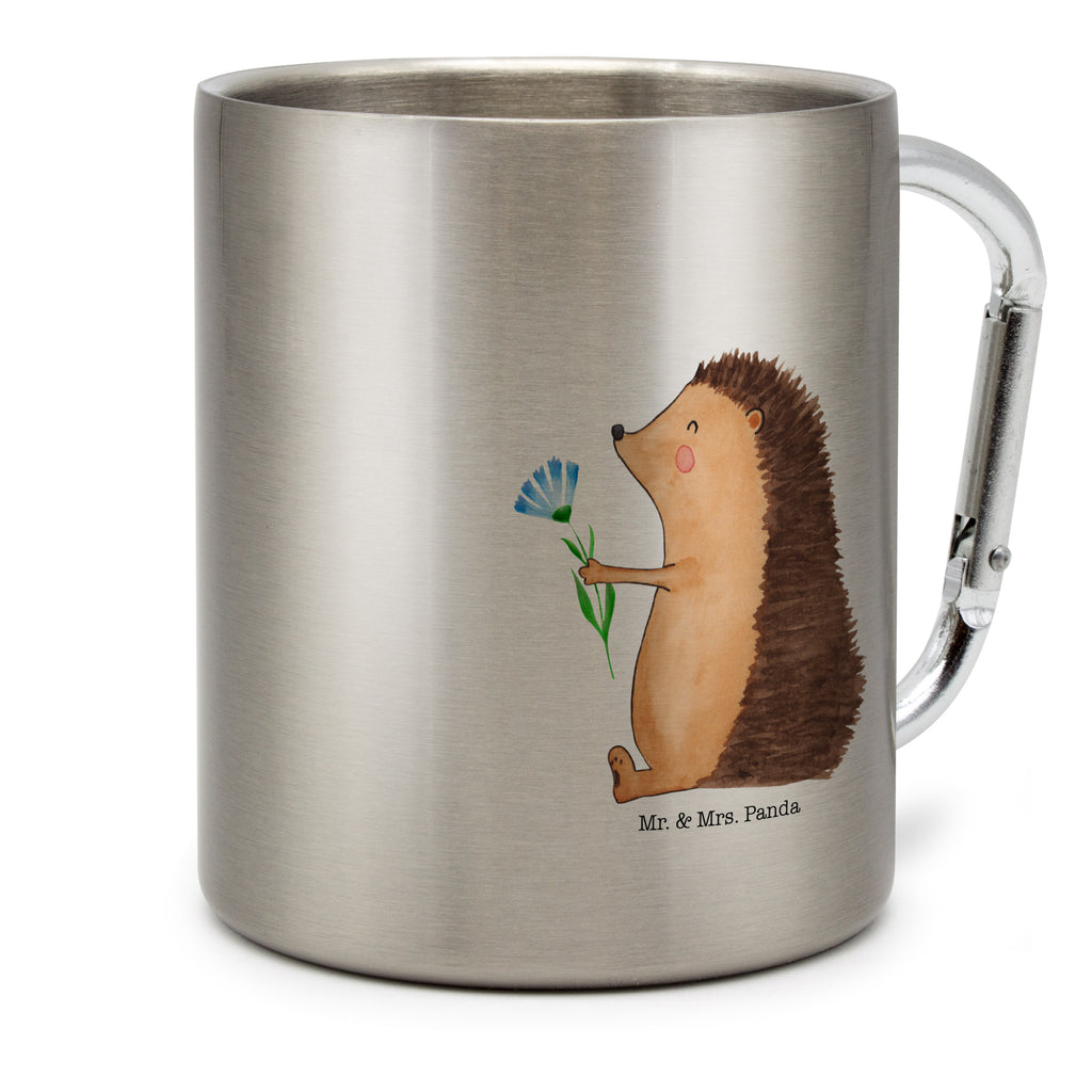 Edelstahlbecher Igel mit Blume Edelstahltasse, Karabiner, Edelstahlbecher, Outdoor, Camping, Tasse, Becher, Tiermotive, Gute Laune, lustige Sprüche, Tiere, Igel, Gute Besserung, Genesungswünsche, Krankheit, Krankenhaus, krank, Besuch