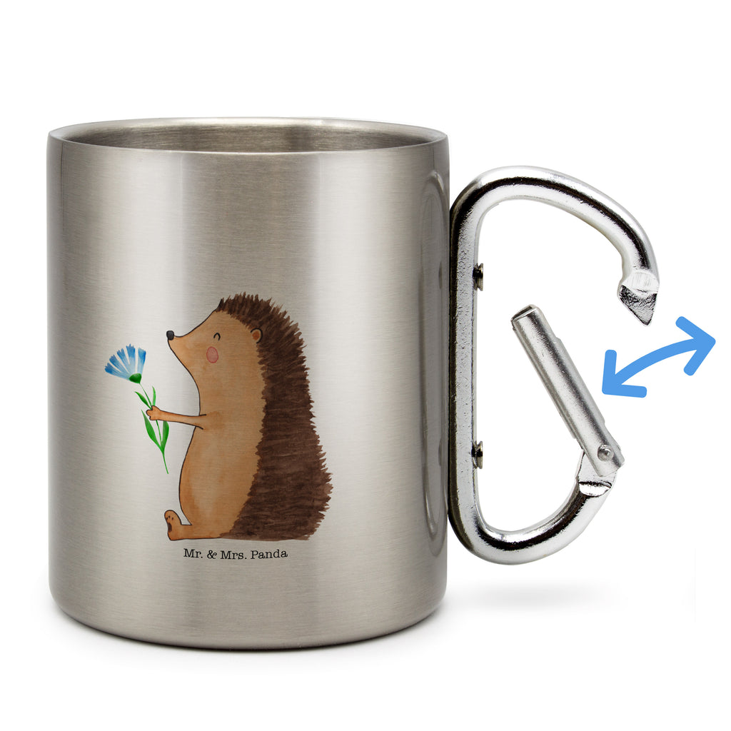 Edelstahlbecher Igel mit Blume Edelstahltasse, Karabiner, Edelstahlbecher, Outdoor, Camping, Tasse, Becher, Tiermotive, Gute Laune, lustige Sprüche, Tiere, Igel, Gute Besserung, Genesungswünsche, Krankheit, Krankenhaus, krank, Besuch