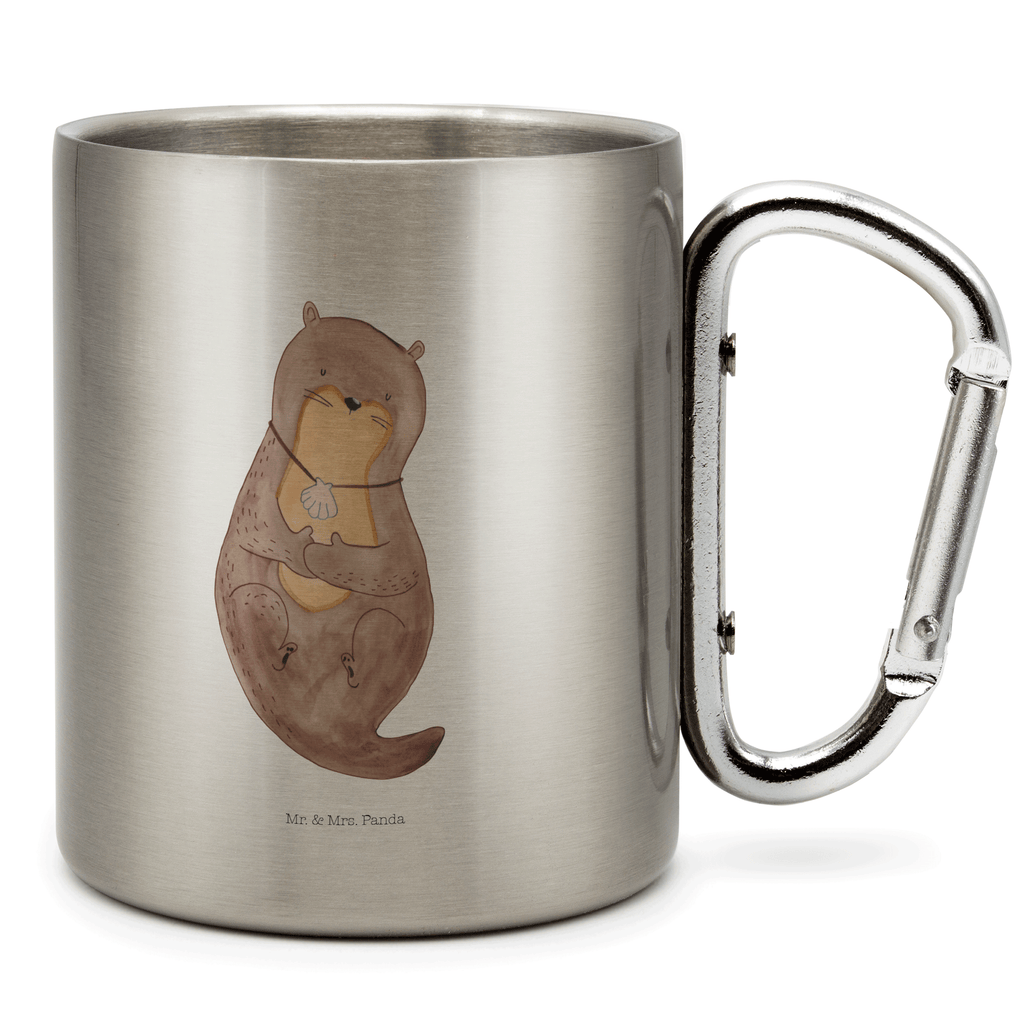 Edelstahlbecher Otter mit Muschelmedaillon Edelstahltasse, Karabiner, Edelstahlbecher, Outdoor, Camping, Tasse, Becher, Otter, Fischotter, Seeotter, Otterliebe, grübeln, träumen, Motivation, Tagträumen, Büro