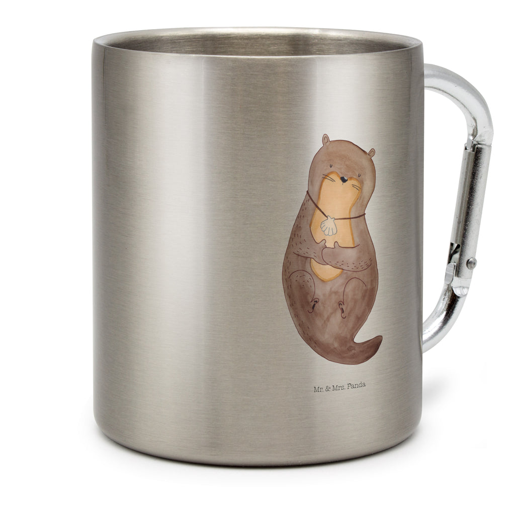 Edelstahlbecher Otter mit Muschelmedaillon Edelstahltasse, Karabiner, Edelstahlbecher, Outdoor, Camping, Tasse, Becher, Otter, Fischotter, Seeotter, Otterliebe, grübeln, träumen, Motivation, Tagträumen, Büro