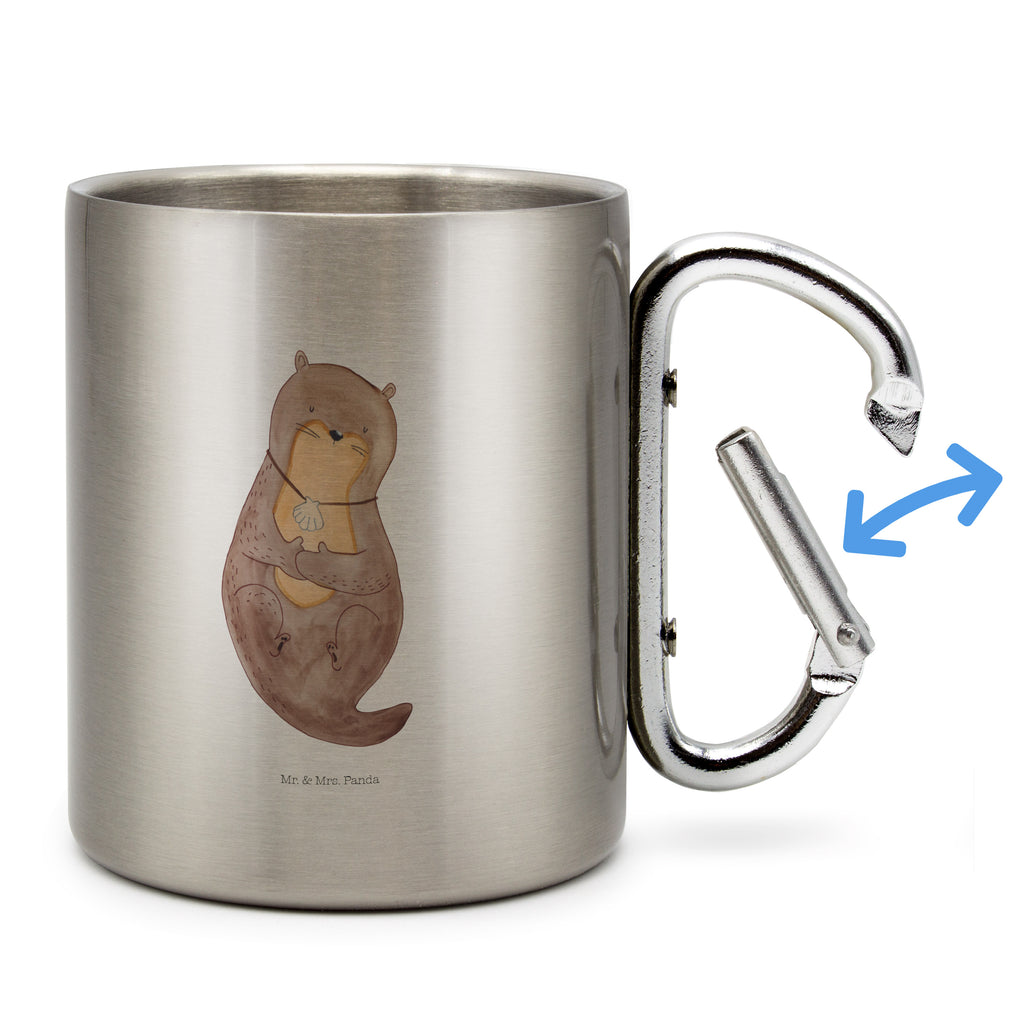 Edelstahlbecher Otter mit Muschelmedaillon Edelstahltasse, Karabiner, Edelstahlbecher, Outdoor, Camping, Tasse, Becher, Otter, Fischotter, Seeotter, Otterliebe, grübeln, träumen, Motivation, Tagträumen, Büro