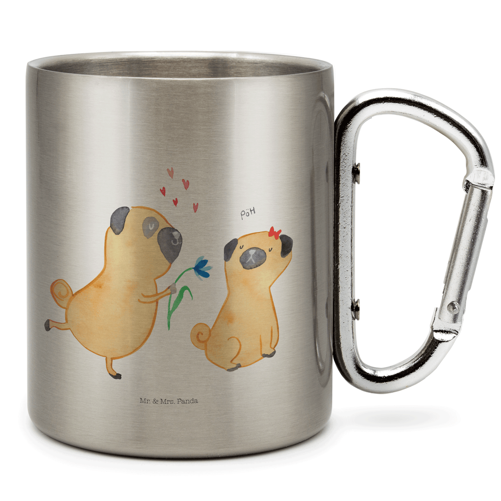 Edelstahlbecher Mops verliebt Edelstahltasse, Karabiner, Edelstahlbecher, Outdoor, Camping, Tasse, Becher, Hund, Hundemotiv, Haustier, Hunderasse, Tierliebhaber, Hundebesitzer, Sprüche, Mops, Möpse, Hundeliebe, verliebt, Liebe, Liebesspruch. Verlobt, Geschenk Freund, Partner