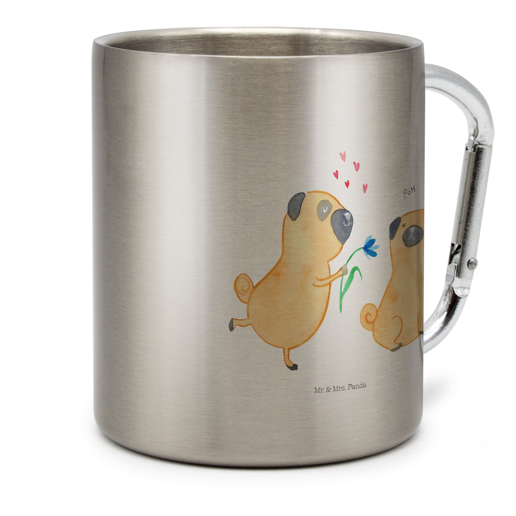Edelstahlbecher Mops verliebt Edelstahltasse, Karabiner, Edelstahlbecher, Outdoor, Camping, Tasse, Becher, Hund, Hundemotiv, Haustier, Hunderasse, Tierliebhaber, Hundebesitzer, Sprüche, Mops, Möpse, Hundeliebe, verliebt, Liebe, Liebesspruch. Verlobt, Geschenk Freund, Partner