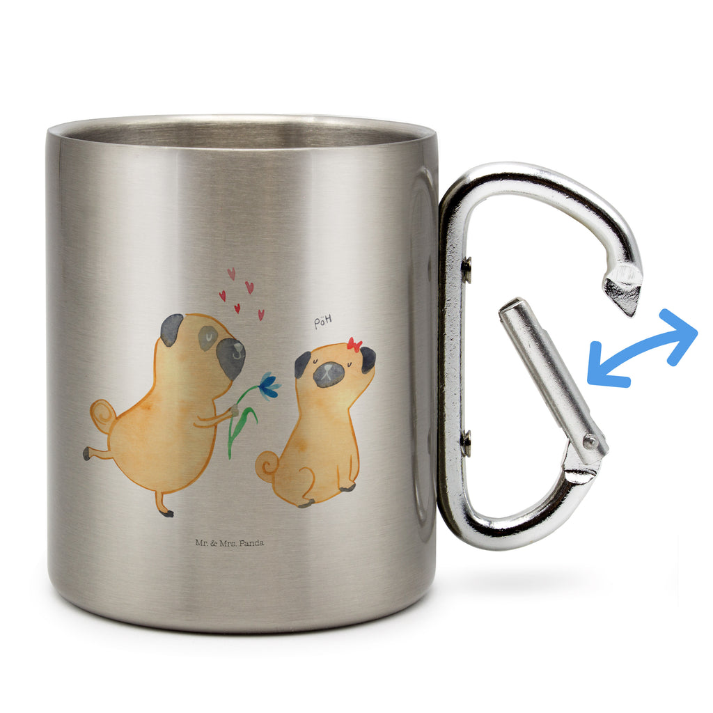 Edelstahlbecher Mops verliebt Edelstahltasse, Karabiner, Edelstahlbecher, Outdoor, Camping, Tasse, Becher, Hund, Hundemotiv, Haustier, Hunderasse, Tierliebhaber, Hundebesitzer, Sprüche, Mops, Möpse, Hundeliebe, verliebt, Liebe, Liebesspruch. Verlobt, Geschenk Freund, Partner