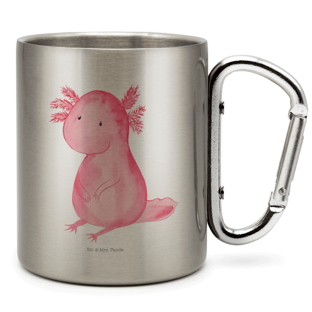 Edelstahlbecher Axolotl Edelstahltasse, Karabiner, Edelstahlbecher, Outdoor, Camping, Tasse, Becher, Axolotl, Molch, Axolot, vergnügt, fröhlich, zufrieden, Lebensstil, Weisheit, Lebensweisheit, Liebe, Freundin