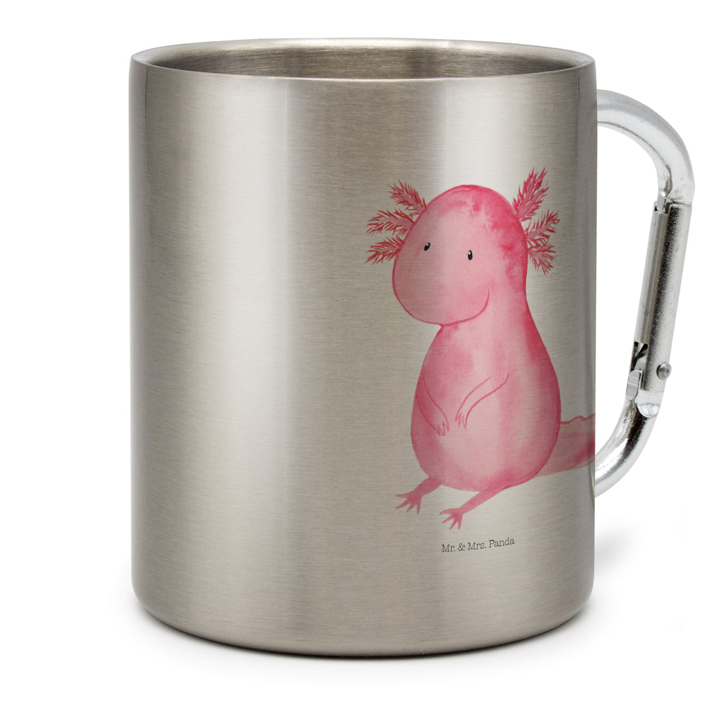 Edelstahlbecher Axolotl Edelstahltasse, Karabiner, Edelstahlbecher, Outdoor, Camping, Tasse, Becher, Axolotl, Molch, Axolot, vergnügt, fröhlich, zufrieden, Lebensstil, Weisheit, Lebensweisheit, Liebe, Freundin