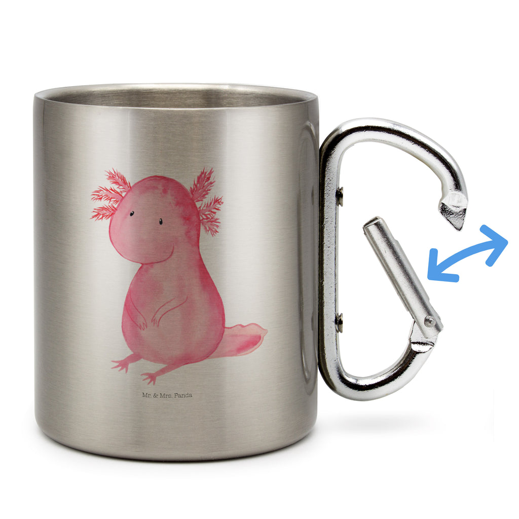 Edelstahlbecher Axolotl Edelstahltasse, Karabiner, Edelstahlbecher, Outdoor, Camping, Tasse, Becher, Axolotl, Molch, Axolot, vergnügt, fröhlich, zufrieden, Lebensstil, Weisheit, Lebensweisheit, Liebe, Freundin