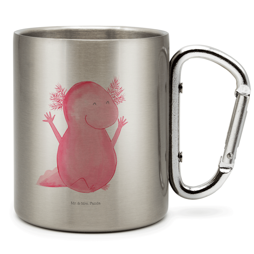 Edelstahlbecher Axolotl Hurra Edelstahltasse, Karabiner, Edelstahlbecher, Outdoor, Camping, Tasse, Becher, Axolotl, Molch, Axolot, Schwanzlurch, Lurch, Lurche, fröhlich, Spaß, Freude, Motivation, Zufriedenheit