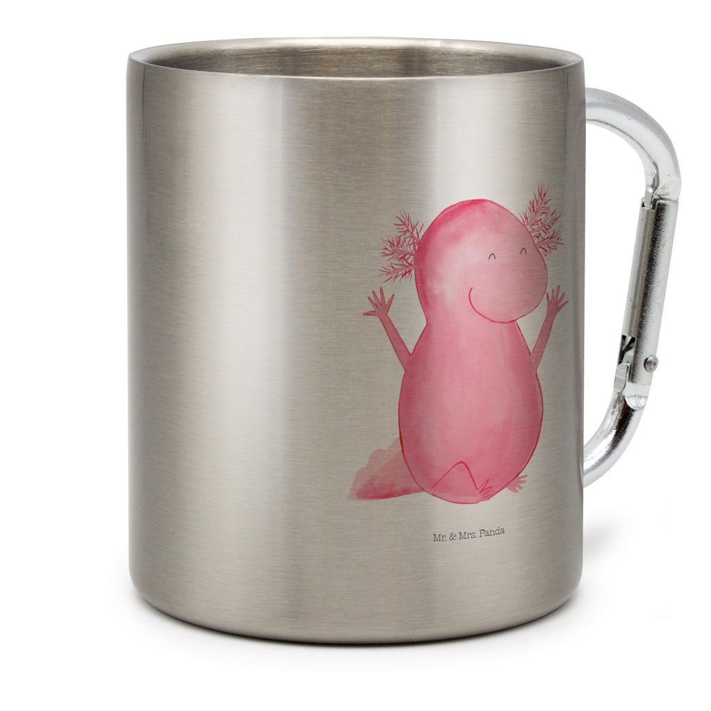 Edelstahlbecher Axolotl Hurra Edelstahltasse, Karabiner, Edelstahlbecher, Outdoor, Camping, Tasse, Becher, Axolotl, Molch, Axolot, Schwanzlurch, Lurch, Lurche, fröhlich, Spaß, Freude, Motivation, Zufriedenheit