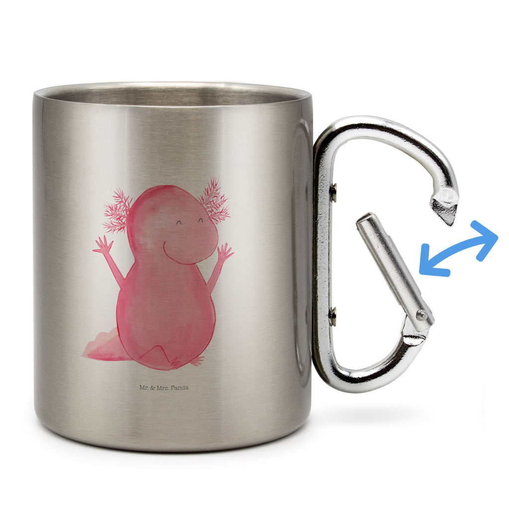 Edelstahlbecher Axolotl Hurra Edelstahltasse, Karabiner, Edelstahlbecher, Outdoor, Camping, Tasse, Becher, Axolotl, Molch, Axolot, Schwanzlurch, Lurch, Lurche, fröhlich, Spaß, Freude, Motivation, Zufriedenheit