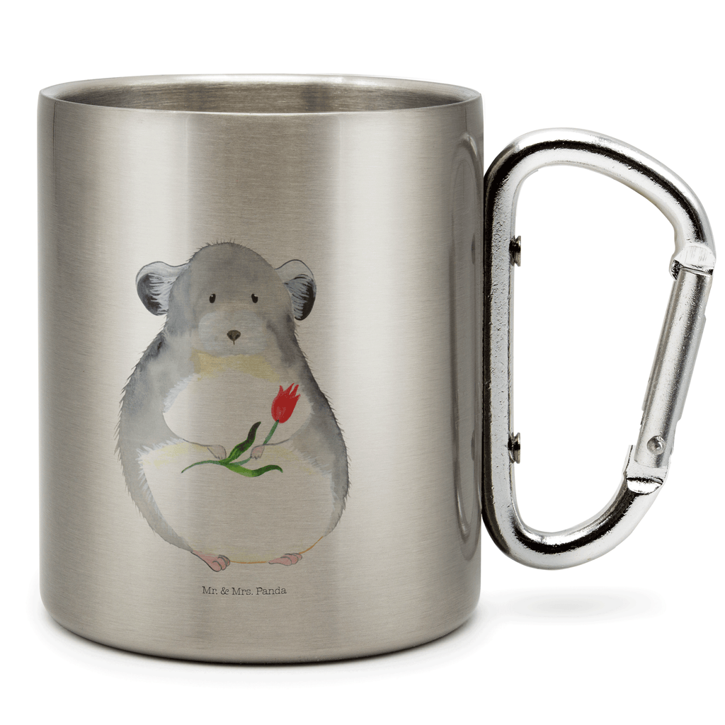 Edelstahlbecher Chinchilla mit Blume Edelstahltasse, Karabiner, Edelstahlbecher, Outdoor, Camping, Tasse, Becher, Tiermotive, Gute Laune, lustige Sprüche, Tiere, Chinchilla, Chinchillas, Liebeskummer, Kummer, Depressionen, traurig sein, Chaos, Glücklichsein, Büro, Büroalltag