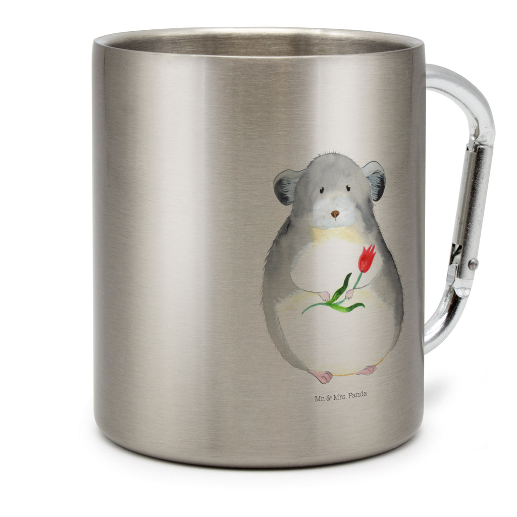 Edelstahlbecher Chinchilla mit Blume Edelstahltasse, Karabiner, Edelstahlbecher, Outdoor, Camping, Tasse, Becher, Tiermotive, Gute Laune, lustige Sprüche, Tiere, Chinchilla, Chinchillas, Liebeskummer, Kummer, Depressionen, traurig sein, Chaos, Glücklichsein, Büro, Büroalltag