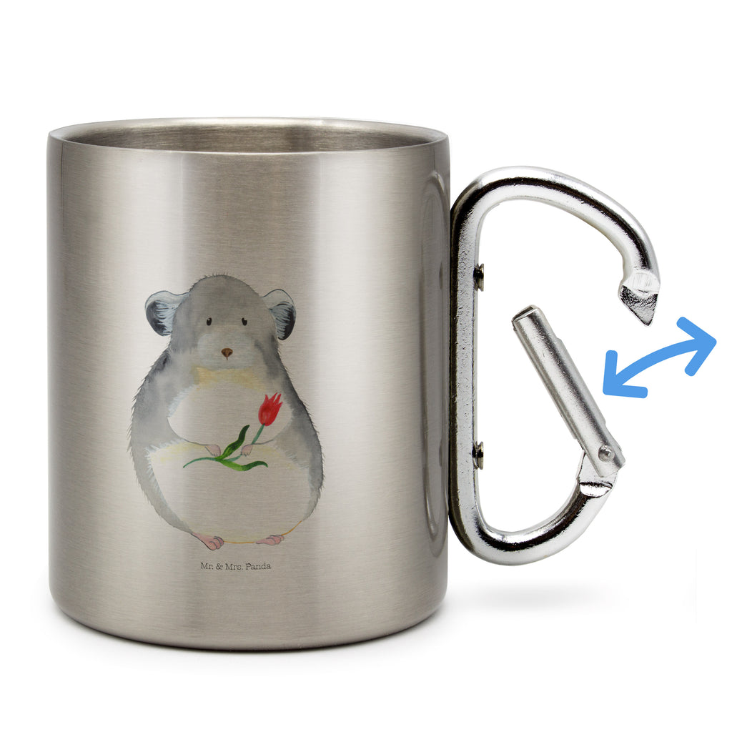 Edelstahlbecher Chinchilla mit Blume Edelstahltasse, Karabiner, Edelstahlbecher, Outdoor, Camping, Tasse, Becher, Tiermotive, Gute Laune, lustige Sprüche, Tiere, Chinchilla, Chinchillas, Liebeskummer, Kummer, Depressionen, traurig sein, Chaos, Glücklichsein, Büro, Büroalltag