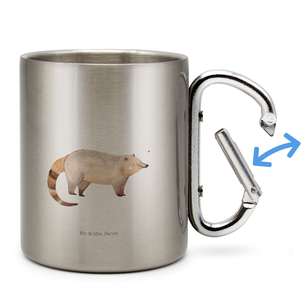 Edelstahlbecher Nasenbär Edelstahltasse, Karabiner, Edelstahlbecher, Outdoor, Camping, Tasse, Becher, Tiermotive, Gute Laune, lustige Sprüche, Tiere, Nasenbär, Nasenbären, Rüsselbär, Bär