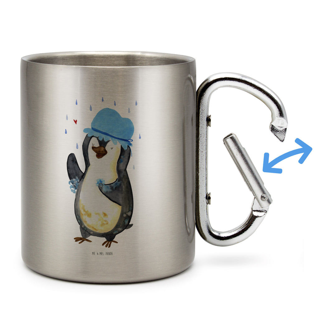 Edelstahlbecher Pinguin duscht Edelstahltasse, Karabiner, Edelstahlbecher, Outdoor, Camping, Tasse, Becher, Pinguin, Pinguine, Dusche, duschen, Lebensmotto, Motivation, Neustart, Neuanfang, glücklich sein
