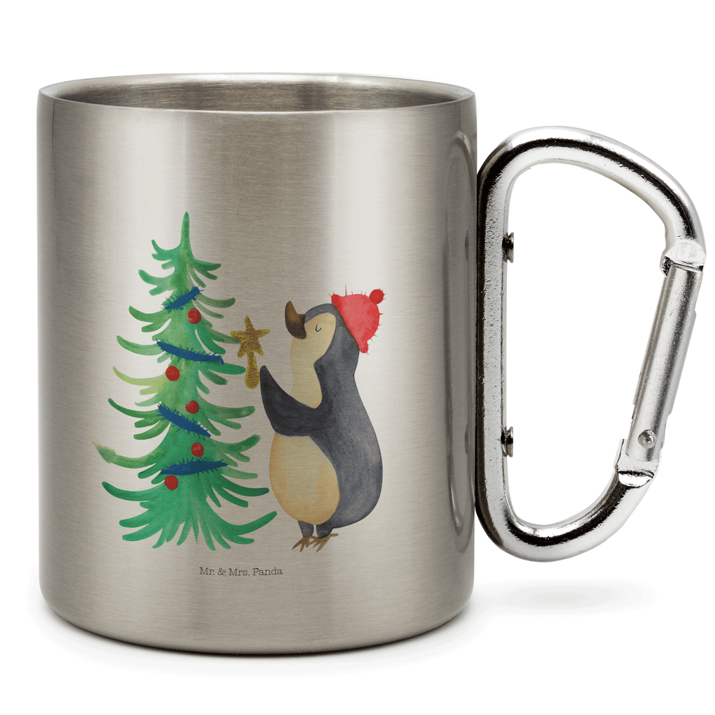 Edelstahlbecher Pinguin Weihnachtsbaum Edelstahltasse, Karabiner, Edelstahlbecher, Outdoor, Camping, Tasse, Becher, Winter, Weihnachten, Weihnachtsdeko, Nikolaus, Advent, Heiligabend, Wintermotiv, Pinguin