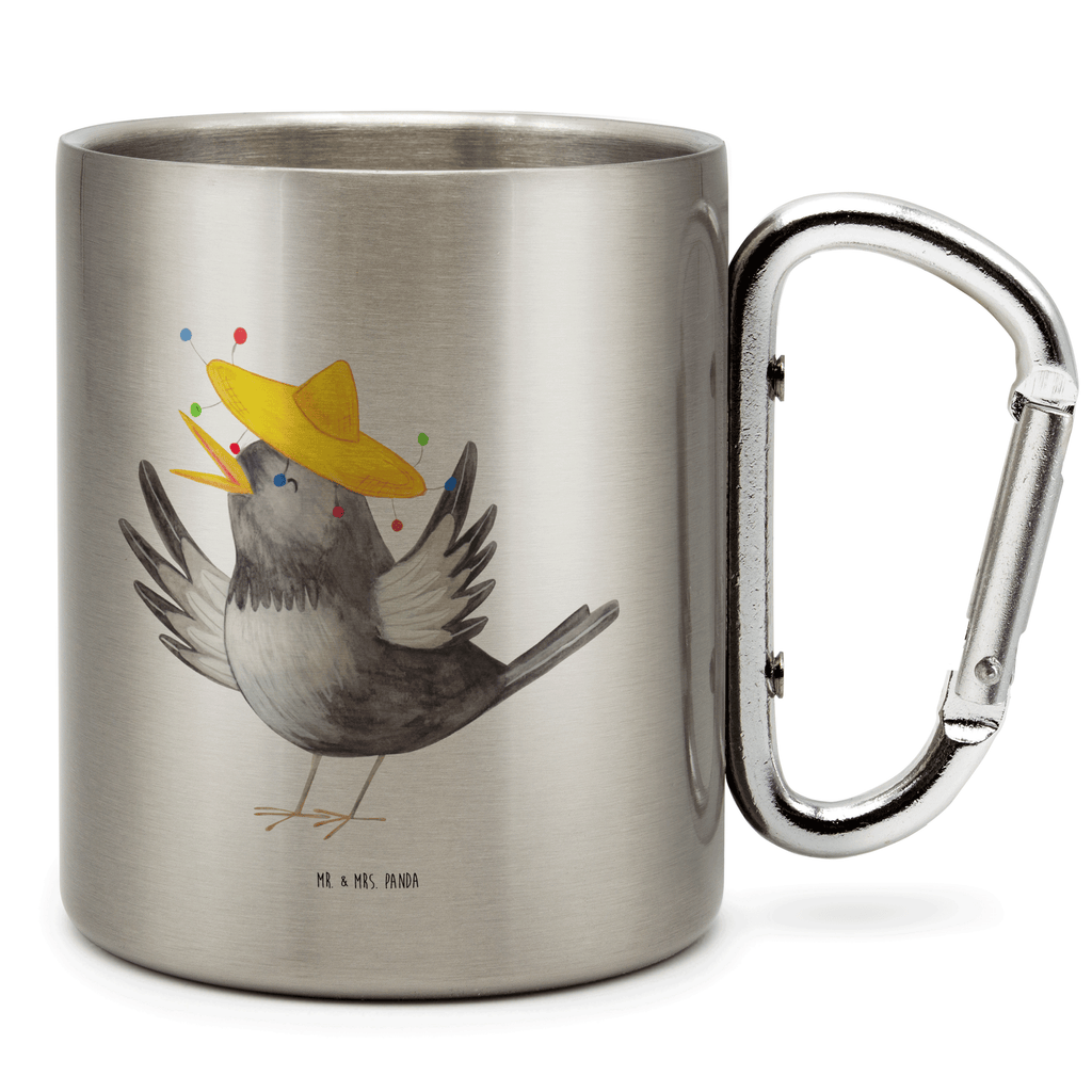 Edelstahlbecher Rabe mit Sombrero Edelstahltasse, Karabiner, Edelstahlbecher, Outdoor, Camping, Tasse, Becher, Tiermotive, Gute Laune, lustige Sprüche, Tiere, Rabe, Vogel, Vögel, Spruch positiv, fröhlich sein, glücklich sein, Glück Spruch, froh, Elster, Motivation