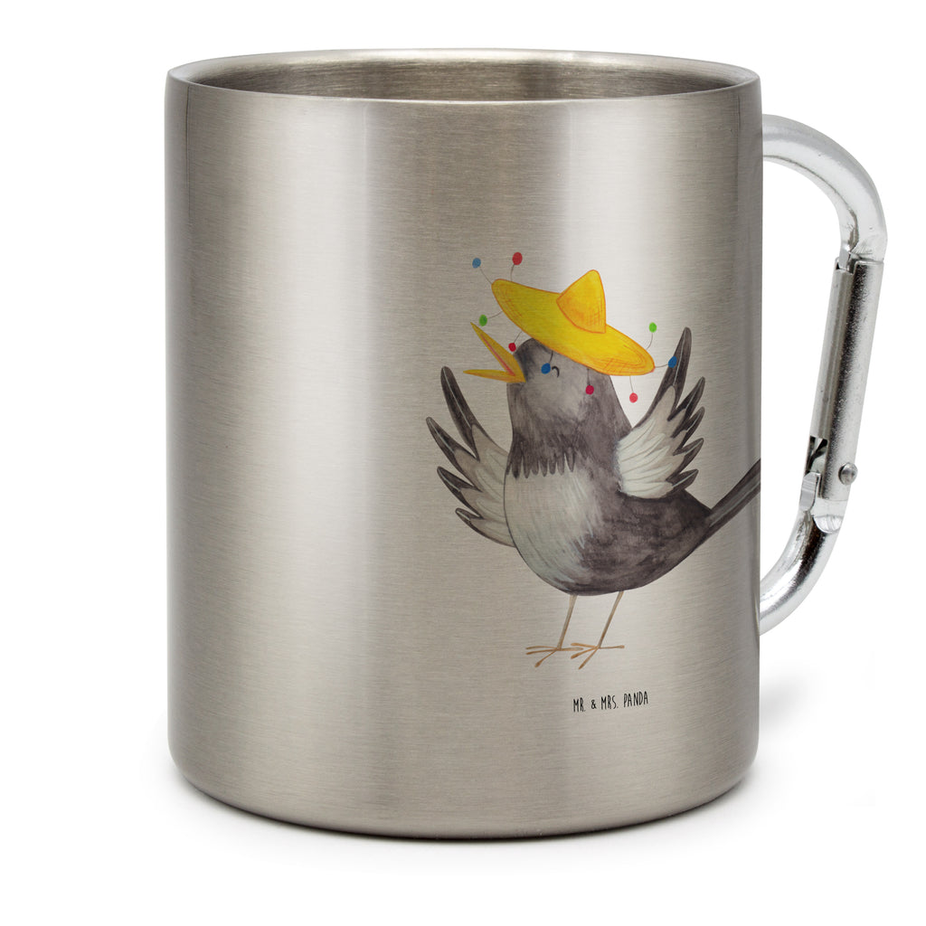 Edelstahlbecher Rabe mit Sombrero Edelstahltasse, Karabiner, Edelstahlbecher, Outdoor, Camping, Tasse, Becher, Tiermotive, Gute Laune, lustige Sprüche, Tiere, Rabe, Vogel, Vögel, Spruch positiv, fröhlich sein, glücklich sein, Glück Spruch, froh, Elster, Motivation