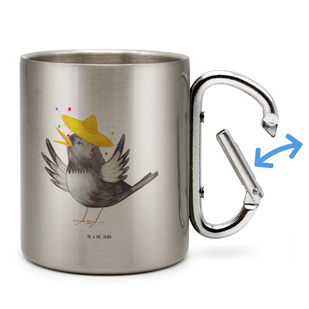 Edelstahlbecher Rabe mit Sombrero Edelstahltasse, Karabiner, Edelstahlbecher, Outdoor, Camping, Tasse, Becher, Tiermotive, Gute Laune, lustige Sprüche, Tiere, Rabe, Vogel, Vögel, Spruch positiv, fröhlich sein, glücklich sein, Glück Spruch, froh, Elster, Motivation