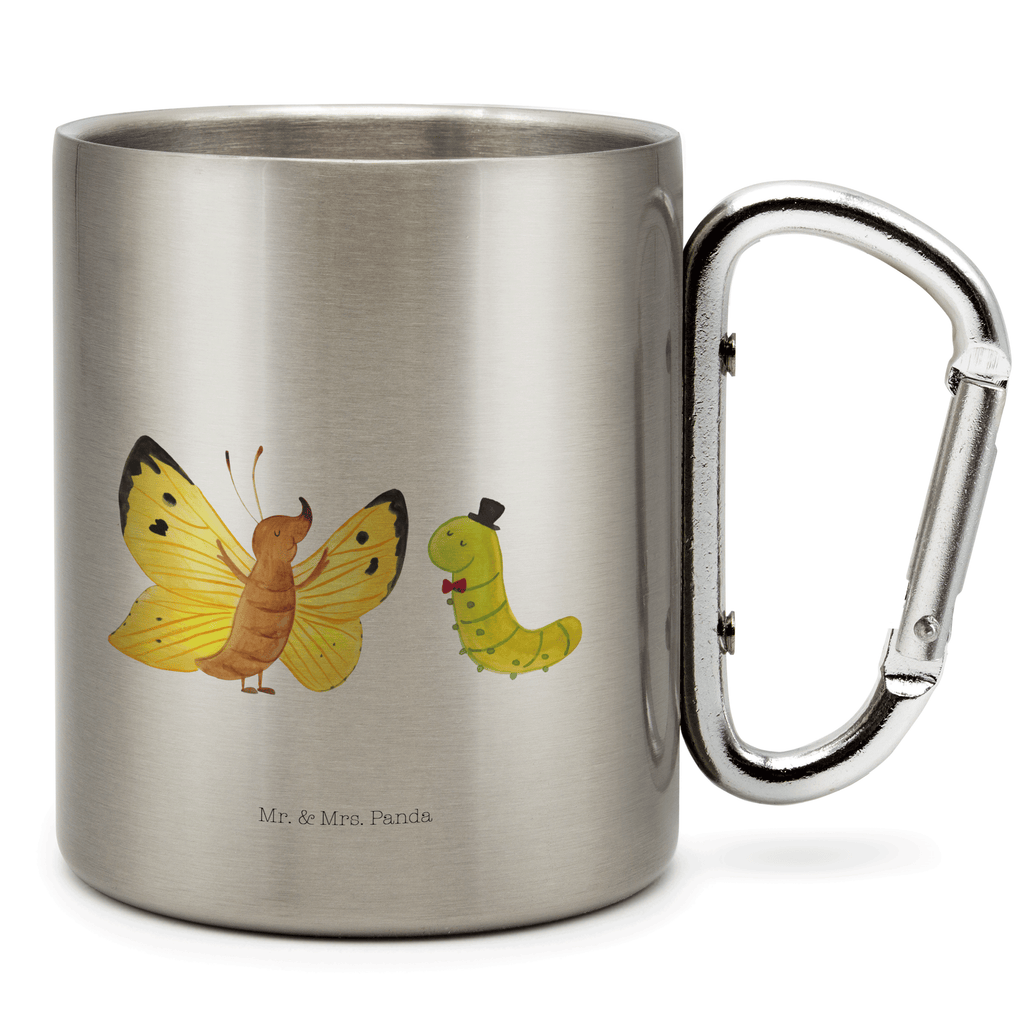 Edelstahlbecher Raupe & Schmetterling Edelstahltasse, Karabiner, Edelstahlbecher, Outdoor, Camping, Tasse, Becher, Tiermotive, Gute Laune, lustige Sprüche, Tiere, Raupe, Schmetterling, Zitronenfalter, Entwicklung, Erwachsen werden, Kokon, Hut, Hütchen, Schönheit, Aufwachsen