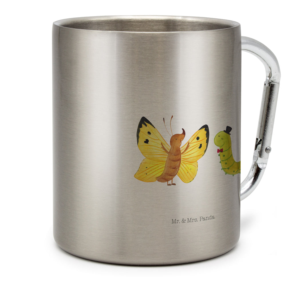 Edelstahlbecher Raupe & Schmetterling Edelstahltasse, Karabiner, Edelstahlbecher, Outdoor, Camping, Tasse, Becher, Tiermotive, Gute Laune, lustige Sprüche, Tiere, Raupe, Schmetterling, Zitronenfalter, Entwicklung, Erwachsen werden, Kokon, Hut, Hütchen, Schönheit, Aufwachsen