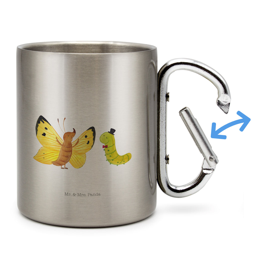Edelstahlbecher Raupe & Schmetterling Edelstahltasse, Karabiner, Edelstahlbecher, Outdoor, Camping, Tasse, Becher, Tiermotive, Gute Laune, lustige Sprüche, Tiere, Raupe, Schmetterling, Zitronenfalter, Entwicklung, Erwachsen werden, Kokon, Hut, Hütchen, Schönheit, Aufwachsen
