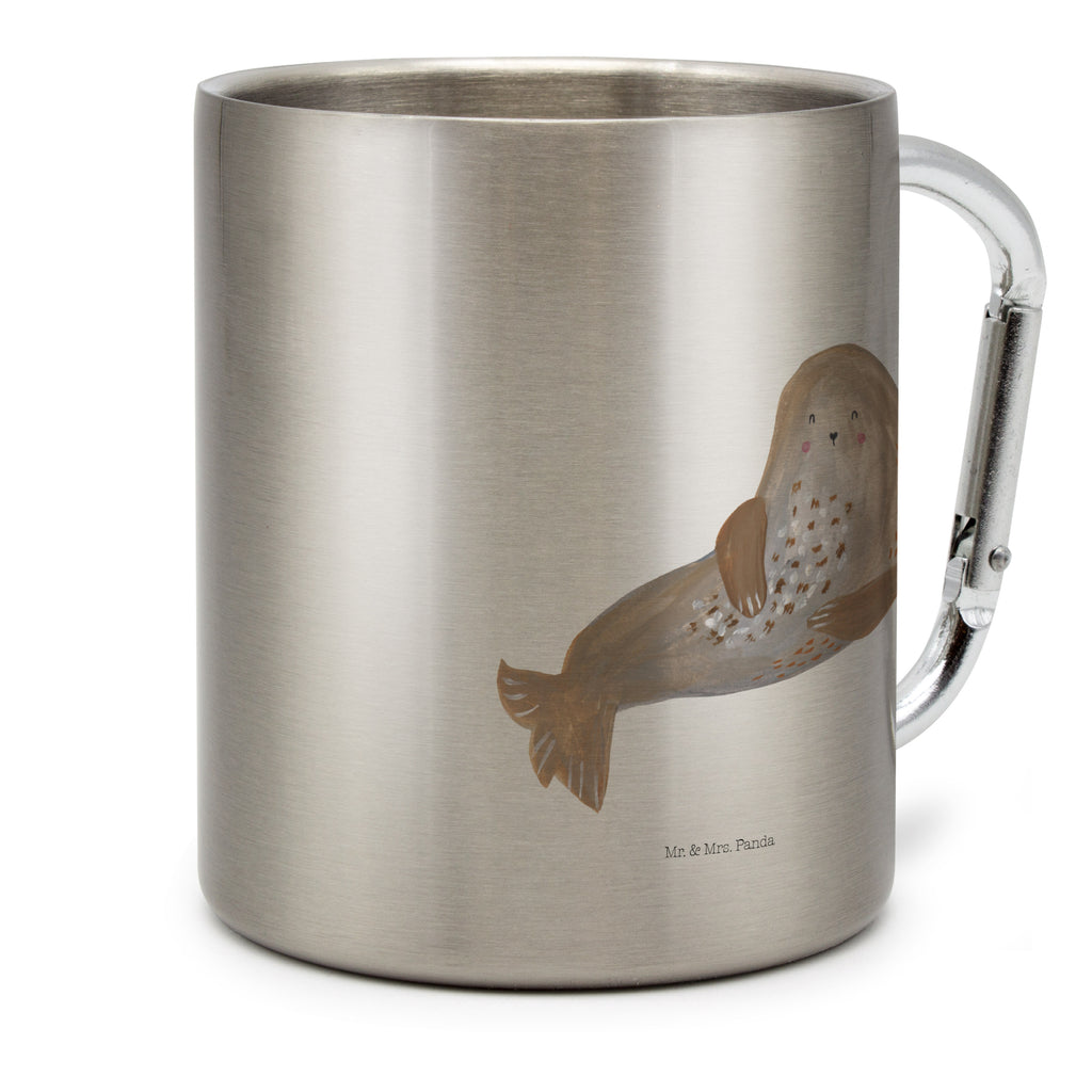 Edelstahlbecher Robbe lachend Edelstahltasse, Karabiner, Edelstahlbecher, Outdoor, Camping, Tasse, Becher, Tiermotive, Gute Laune, lustige Sprüche, Tiere, Robbe, Robben, Seehund, Strand, Meerestier, Ostsee, Nordsee