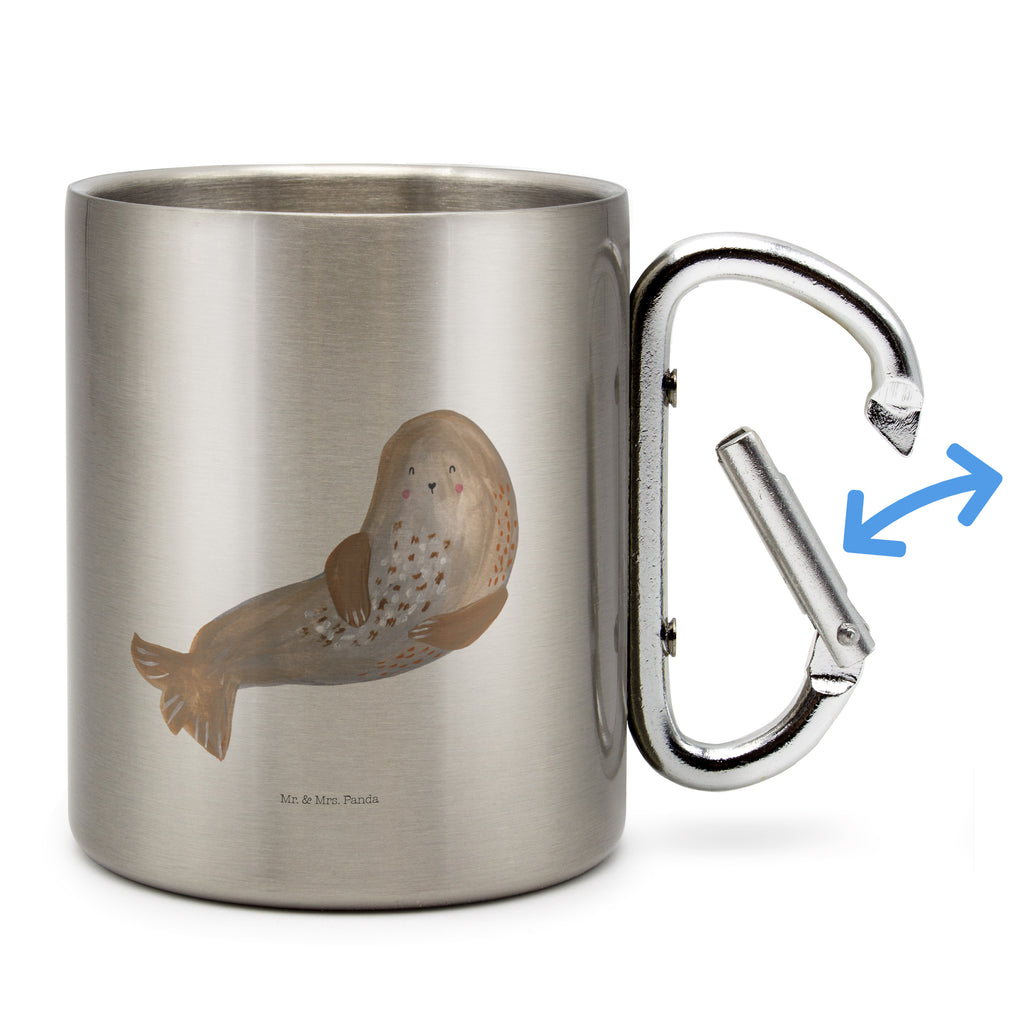 Edelstahlbecher Robbe lachend Edelstahltasse, Karabiner, Edelstahlbecher, Outdoor, Camping, Tasse, Becher, Tiermotive, Gute Laune, lustige Sprüche, Tiere, Robbe, Robben, Seehund, Strand, Meerestier, Ostsee, Nordsee