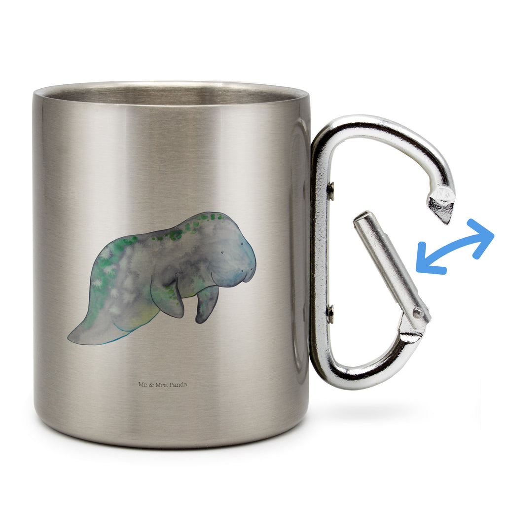 Edelstahlbecher Seekuh chillt Edelstahltasse, Karabiner, Edelstahlbecher, Outdoor, Camping, Tasse, Becher, Meerestiere, Meer, Urlaub, Seekuh, Seekühe, Diät, Abnehmen, Zucker, Diätwahn, Essen, Süßigkeiten