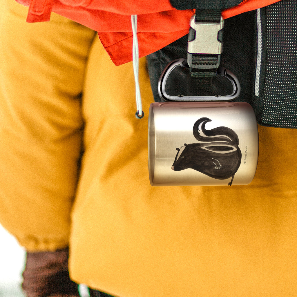 Edelstahlbecher Stinktier sitzend Edelstahltasse, Karabiner, Edelstahlbecher, Outdoor, Camping, Tasse, Becher, Stinktier, Skunk, Wildtier, Raubtier, Stinker, Stinki, Spruch, Büro, Recht, Besserwisser