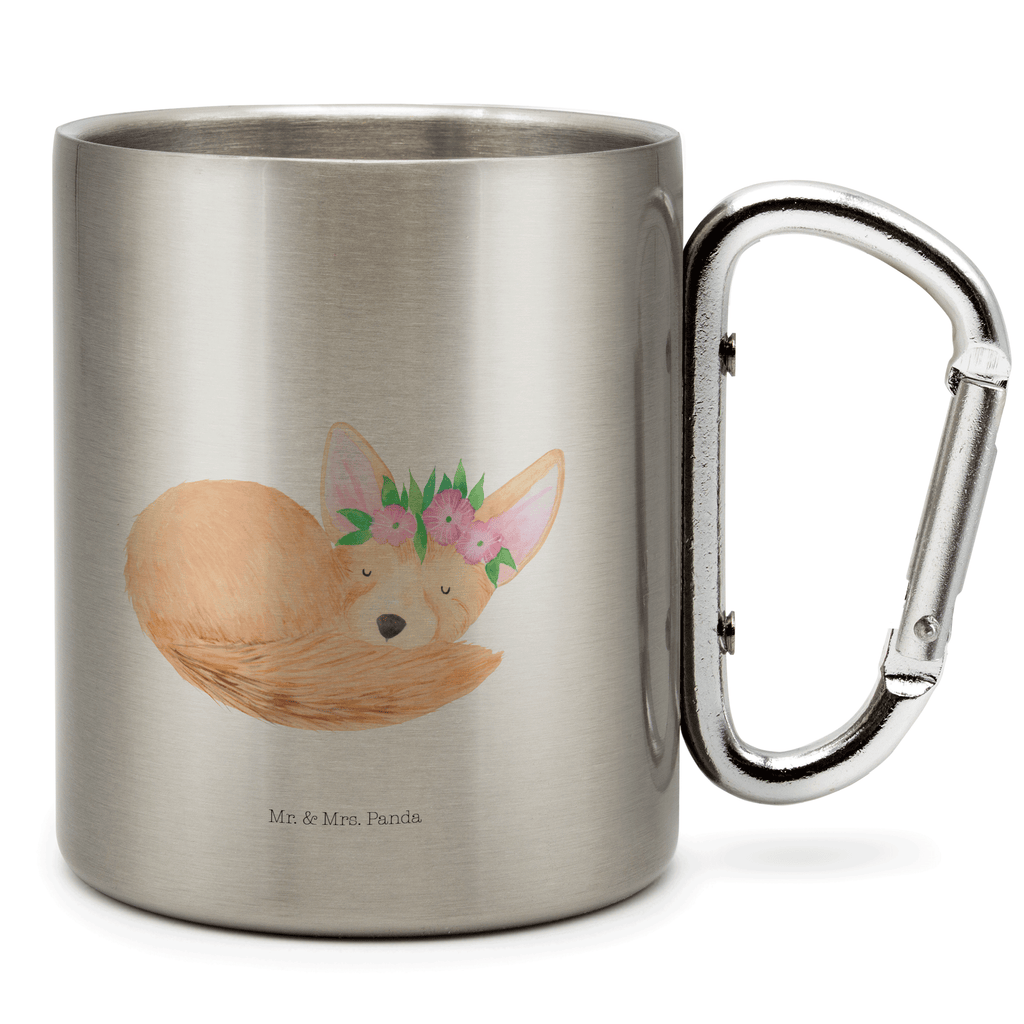 Edelstahlbecher Wüstenfuchs Blumenkranz Edelstahltasse, Karabiner, Edelstahlbecher, Outdoor, Camping, Tasse, Becher, Afrika, Wildtiere, Wüste, Wüstenfuchs, Blumen, Blumenkranz, Glücklich