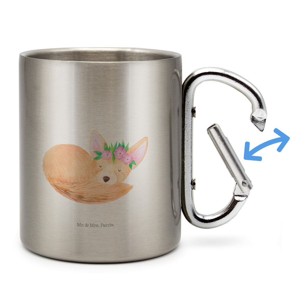 Edelstahlbecher Wüstenfuchs Blumenkranz Edelstahltasse, Karabiner, Edelstahlbecher, Outdoor, Camping, Tasse, Becher, Afrika, Wildtiere, Wüste, Wüstenfuchs, Blumen, Blumenkranz, Glücklich
