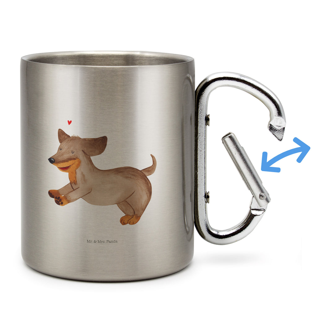Edelstahlbecher Hund Dackel fröhlich Edelstahltasse, Karabiner, Edelstahlbecher, Outdoor, Camping, Tasse, Becher, Hund, Hundemotiv, Haustier, Hunderasse, Tierliebhaber, Hundebesitzer, Sprüche, Hunde, Dackel, Dachshund, happy dog