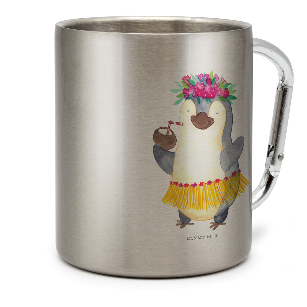 Edelstahlbecher Pinguin Kokosnuss Edelstahltasse, Karabiner, Edelstahlbecher, Outdoor, Camping, Tasse, Becher, Pinguin, Aloha, Hawaii, Urlaub, Kokosnuss, Pinguine