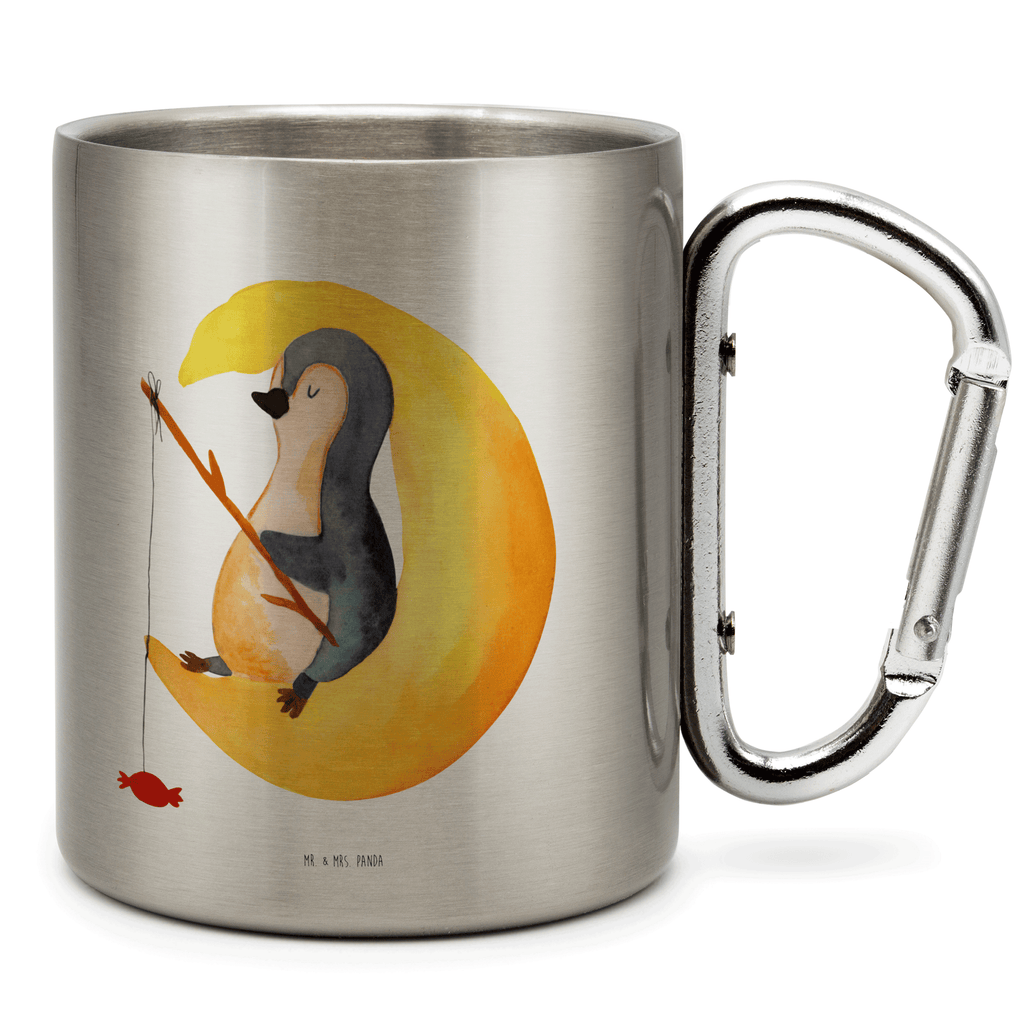 Edelstahlbecher Pinguin Mond Edelstahltasse, Karabiner, Edelstahlbecher, Outdoor, Camping, Tasse, Becher, Pinguin, Pinguine, Spruch, schlafen, Nachtruhe, Einschlafen, Schlafzimmer, Schlafstörungen, Gästezimmer