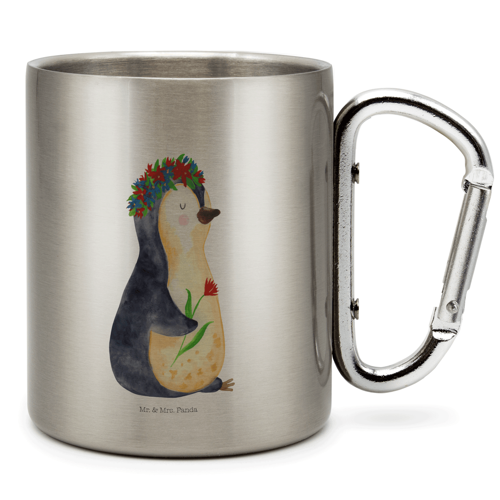 Edelstahlbecher Pinguin Blumenkranz Edelstahltasse, Karabiner, Edelstahlbecher, Outdoor, Camping, Tasse, Becher, Pinguin, Pinguine, Blumenkranz, Universum, Leben, Wünsche, Ziele, Lebensziele, Motivation, Lebenslust, Liebeskummer, Geschenkidee