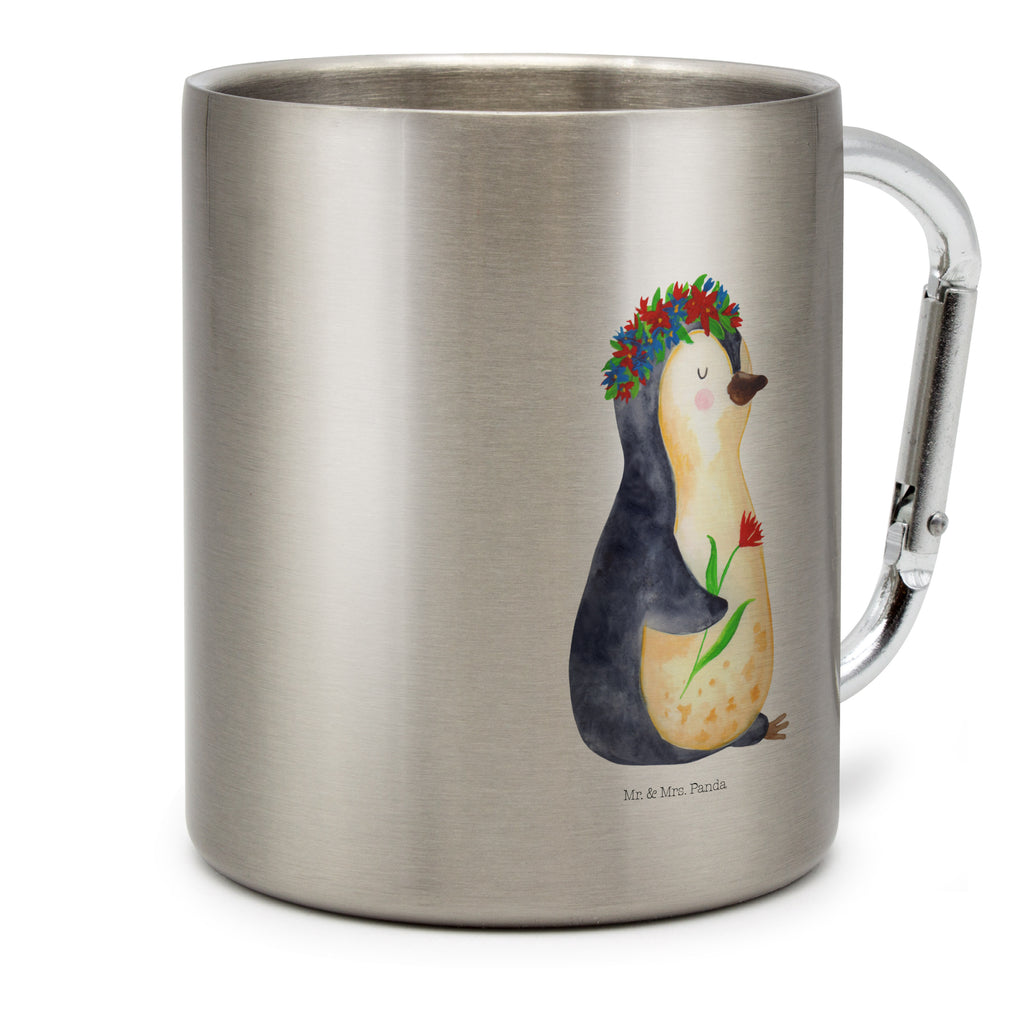 Edelstahlbecher Pinguin Blumenkranz Edelstahltasse, Karabiner, Edelstahlbecher, Outdoor, Camping, Tasse, Becher, Pinguin, Pinguine, Blumenkranz, Universum, Leben, Wünsche, Ziele, Lebensziele, Motivation, Lebenslust, Liebeskummer, Geschenkidee