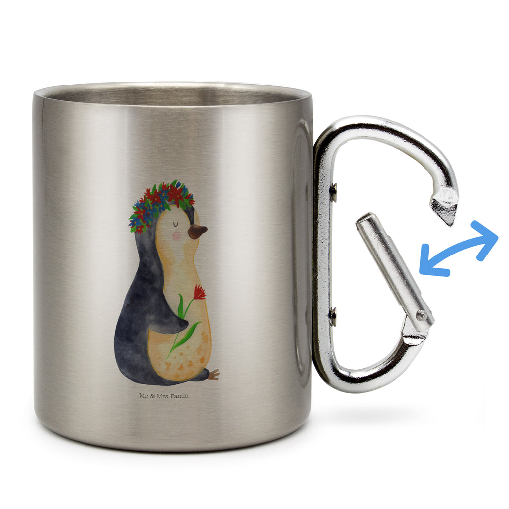 Edelstahlbecher Pinguin Blumenkranz Edelstahltasse, Karabiner, Edelstahlbecher, Outdoor, Camping, Tasse, Becher, Pinguin, Pinguine, Blumenkranz, Universum, Leben, Wünsche, Ziele, Lebensziele, Motivation, Lebenslust, Liebeskummer, Geschenkidee