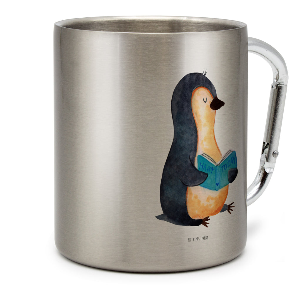 Edelstahlbecher Pinguin Buch Edelstahltasse, Karabiner, Edelstahlbecher, Outdoor, Camping, Tasse, Becher, Pinguin, Pinguine, Buch, Lesen, Bücherwurm, Nichtstun, Faulenzen, Ferien, Urlaub, Freizeit