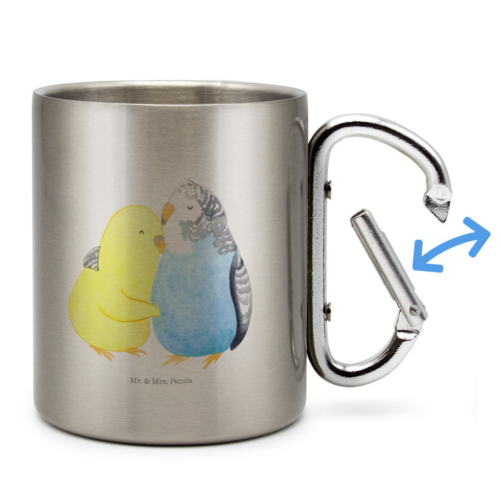 Edelstahlbecher Wellensittich Liebe Edelstahltasse, Karabiner, Edelstahlbecher, Outdoor, Camping, Tasse, Becher, Liebe, Partner, Freund, Freundin, Ehemann, Ehefrau, Heiraten, Verlobung, Heiratsantrag, Liebesgeschenk, Jahrestag, Hocheitstag, Vögel, Wellensittich, Nähe, Kuscheln, Vertrauen