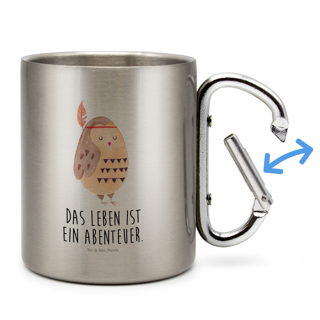 Edelstahlbecher Eule Federschmuck Edelstahltasse, Karabiner, Edelstahlbecher, Outdoor, Camping, Tasse, Becher, Eule, Eule Deko, Owl, Das Leben ist ein Abenteuer, Reisespruch, Federschmuck, Dekoration