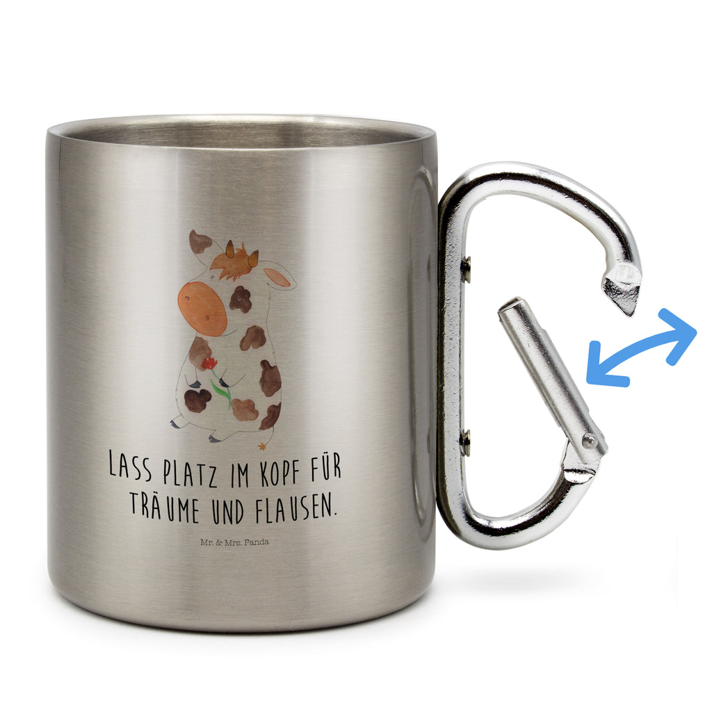 Edelstahlbecher Kuh Edelstahltasse, Karabiner, Edelstahlbecher, Outdoor, Camping, Tasse, Becher, Bauernhof, Hoftiere, Landwirt, Landwirtin, Kuh, Kühe, Träume, Flausen, Spruch, Magie, Motivtion, Hof, Milch, Milchkuh