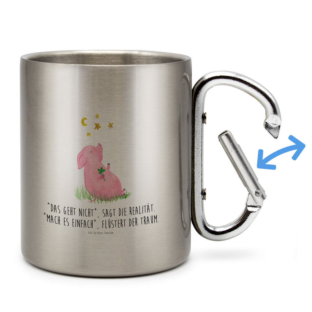 Edelstahlbecher Glücksschwein Edelstahltasse, Karabiner, Edelstahlbecher, Outdoor, Camping, Tasse, Becher, Tiermotive, Gute Laune, lustige Sprüche, Tiere, Glücksschwein. Glück, Schwein, Schweinchen, Sterne, Sernchen, Ziele, Träume, Motivation, Glücksbringer