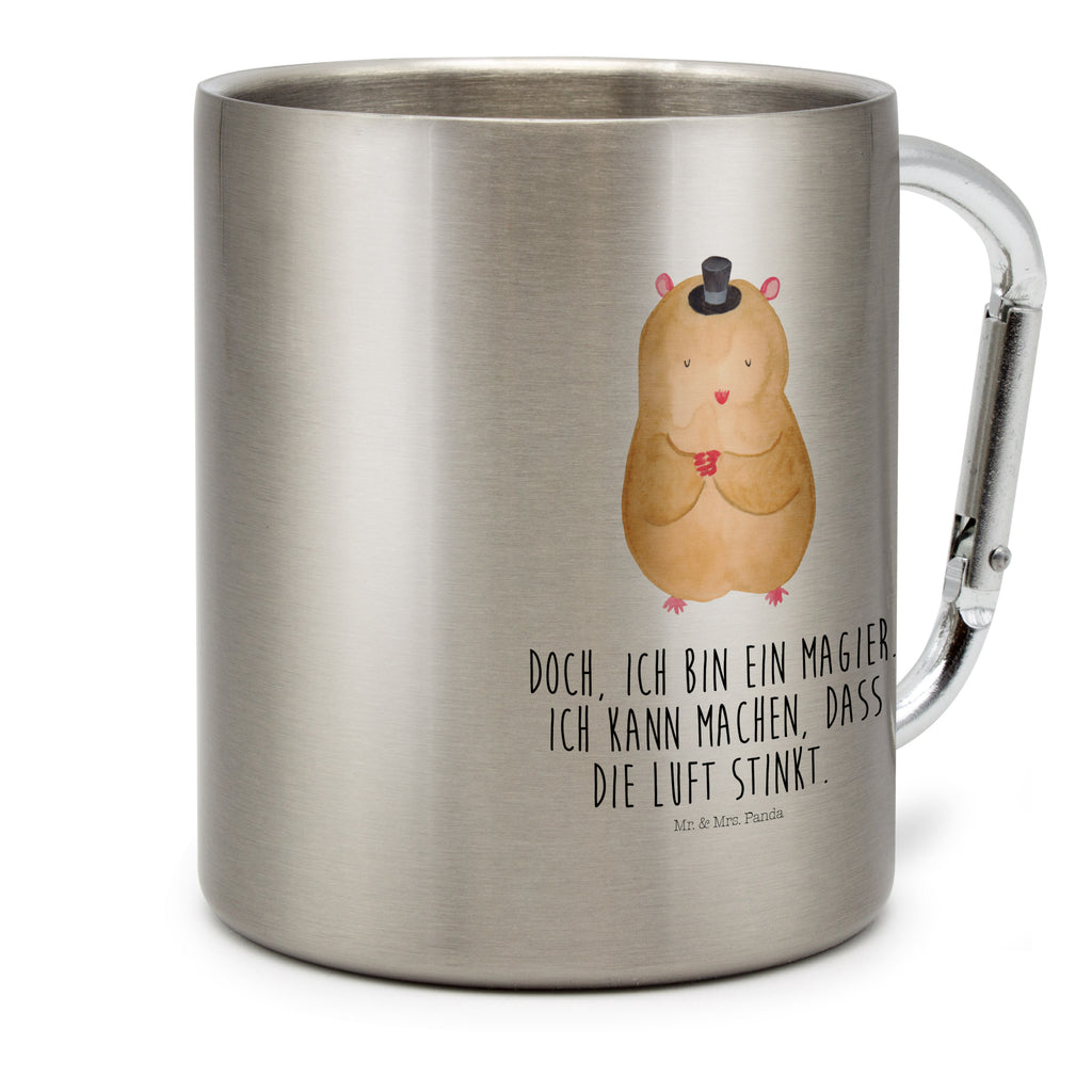 Edelstahlbecher Hamster mit Hut Edelstahltasse, Karabiner, Edelstahlbecher, Outdoor, Camping, Tasse, Becher, Tiermotive, Gute Laune, lustige Sprüche, Tiere, Hamster, Hut, Magier, Zylinder, Zwerghamster, Zauberer, Houdini